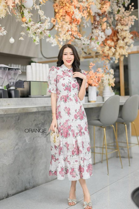 Orange Collar Floral Print Half Sleeves Mid-Length Dresses